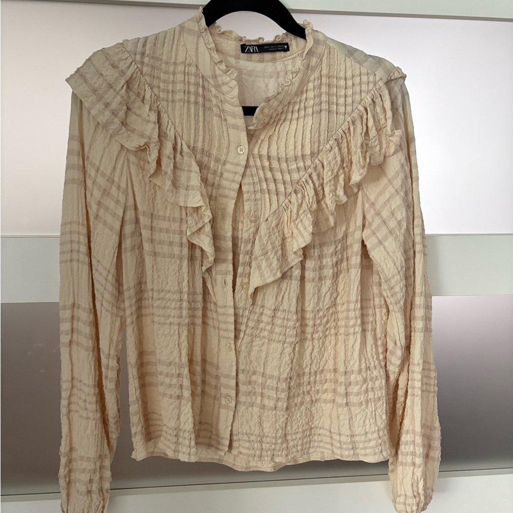 Zara Tan Ruffled Long Sleeve Blouse